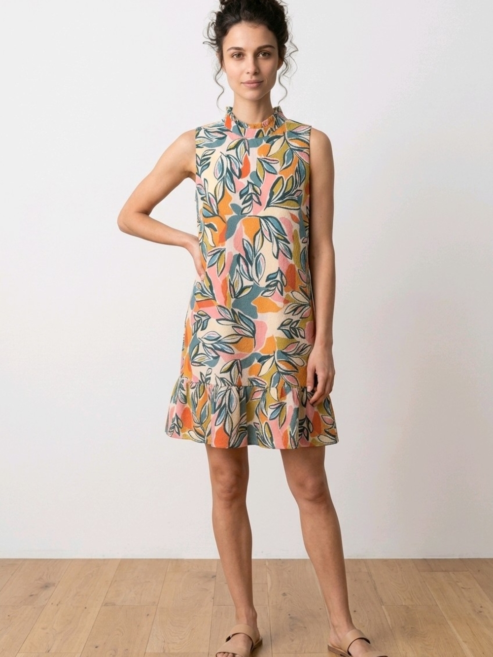 THML Sleeveless Ruffle-Hem Mini Dress in Coral, Mustard & Teal Leaf Print